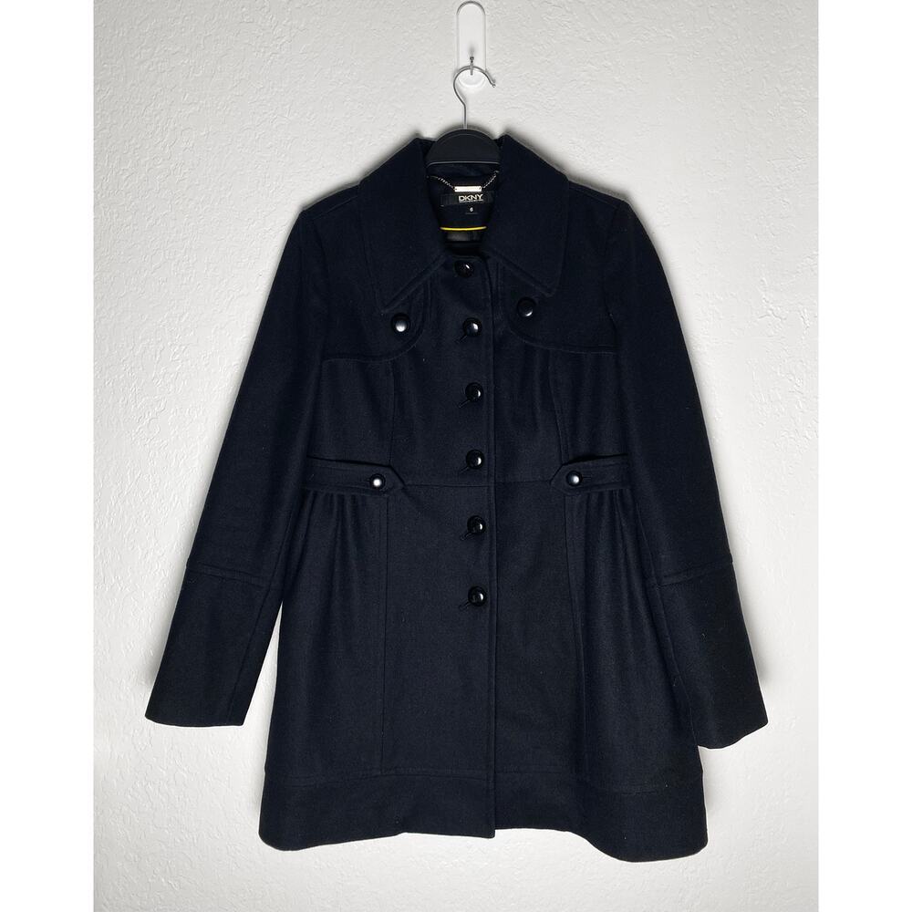 DKNY Women's Black Wool Blend‎ Trench Pea Coat Fitted Buttons Pockets Classic 6